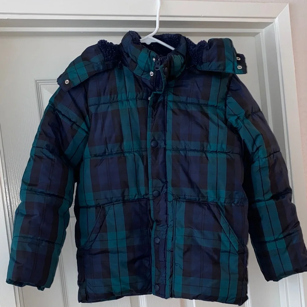 GAP Kids Navy & Green Plaid Fleece-lined Puffer Jacket. Size Large